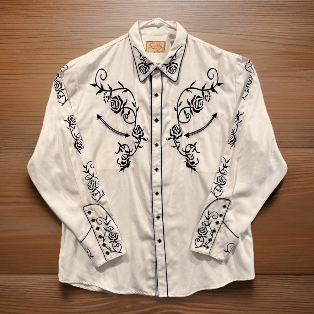 Scully Shirt Mens Medium White Embroidered Western Snap Cowboy Rodeo